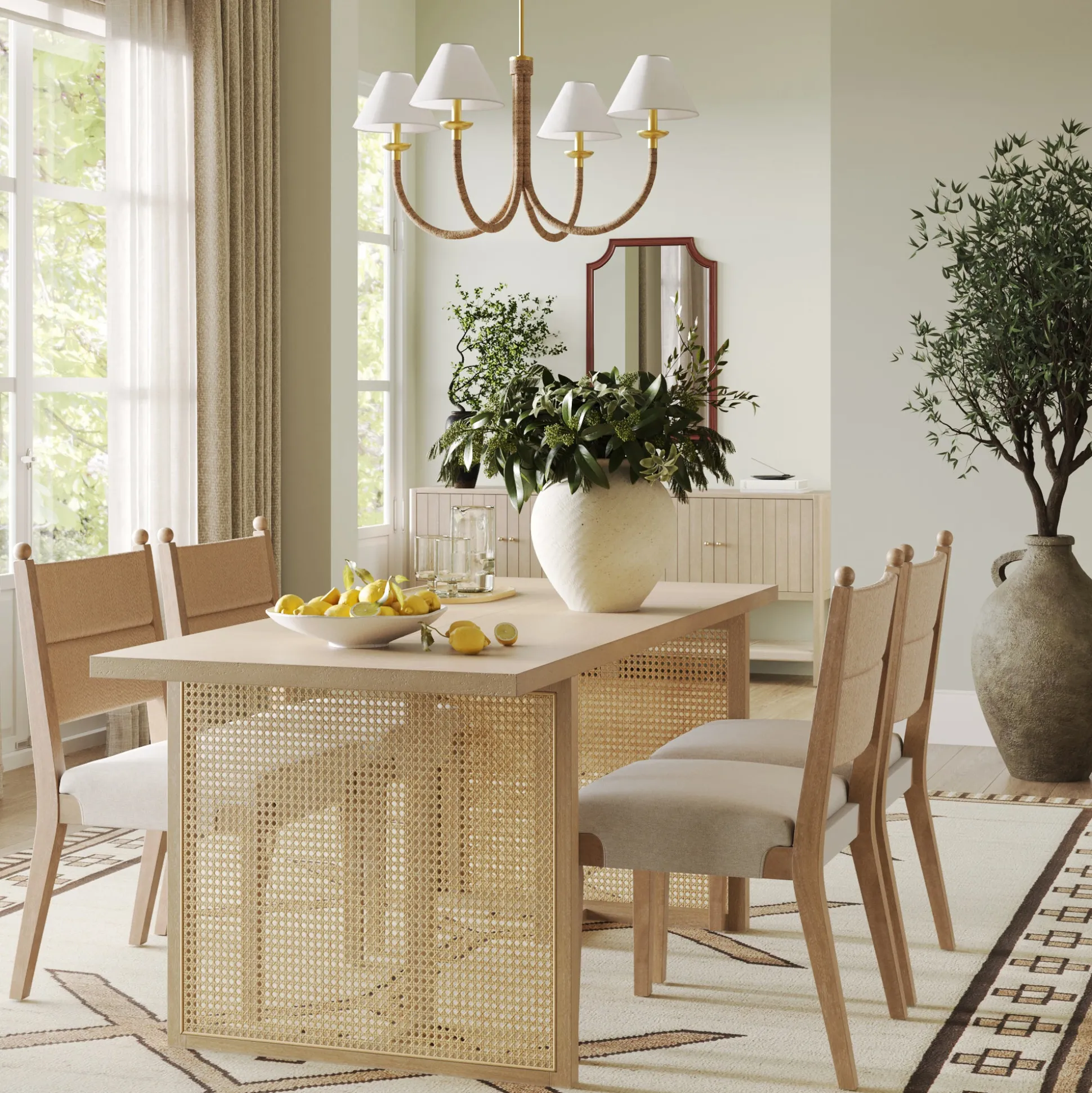 Bohemian Natural Wood & Rattan Dining Table Light Brown
