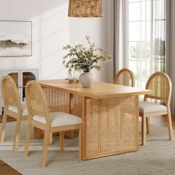 Bohemian Rattan & Boucle Dining Set (4 Chairs)