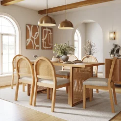 Bohemian Rattan & Boucle Dining Set (6 Chairs)