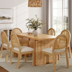 Bohemian Rattan & Boucle Dining Set (6 Chairs)