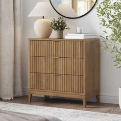 Bohemian Solid Wood 3-Drawer Fluted Dresser Light Brown