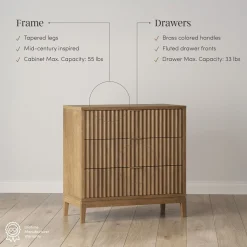 Bohemian Solid Wood 3-Drawer Fluted Dresser Light Brown
