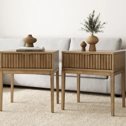 Bohemian Solid Wood Nightstand Set of 2 with Drawer Light Brown