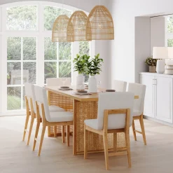 Bohemian Wood & Boucle Dining Set (6 Chairs)