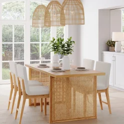 Bohemian Wood & Boucle Dining Set (4 Chairs)