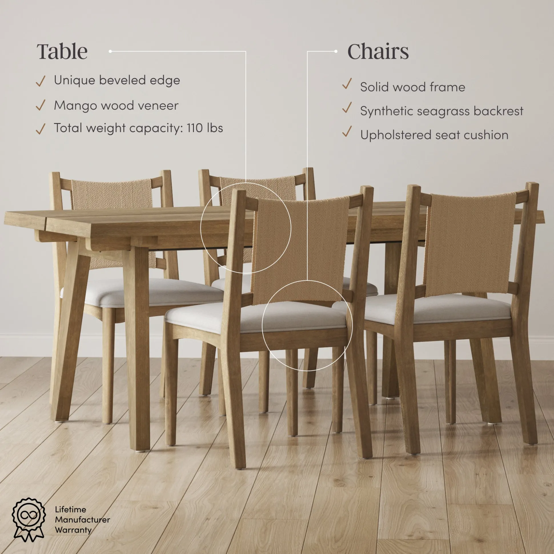 Bohemian Wooden Dining Table Set (4 Chairs)