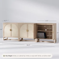 Boho Arched Cabinet Credenza Raw Oak (Set of 3)