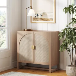 Boho Rattan Arched Door Storage Cabinet Raw Oak