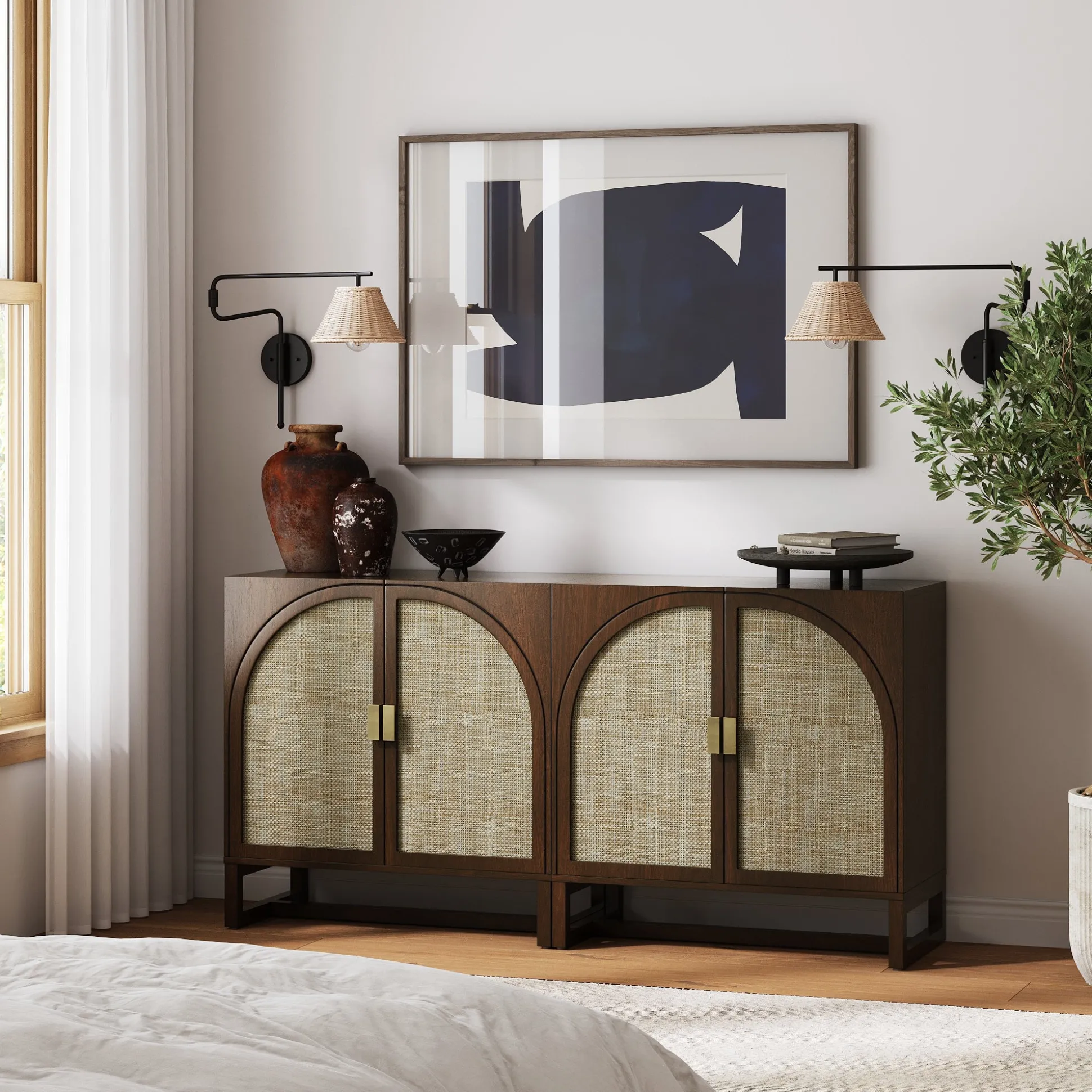 Boho Rattan Arched Door Storage Cabinet Dark Acacia