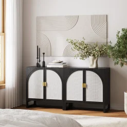 Boho Rattan Arched Door Storage Cabinet Black
