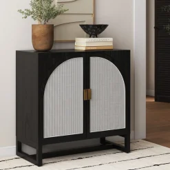 Boho Rattan Arched Door Storage Cabinet Black