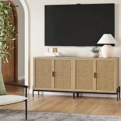 Boho Rattan Credenza Console Table Oak (Set of 2)