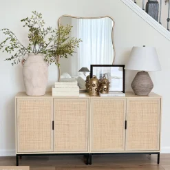 Boho Rattan Credenza Console Table Oak (Set of 2)