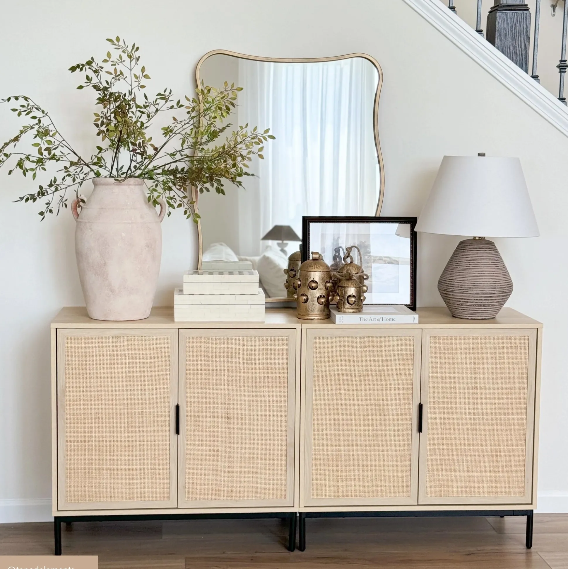 Boho Rattan Credenza Console Table Oak (Set of 2)