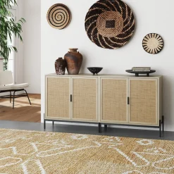 Boho Rattan Credenza Console Table Oak (Set of 2)