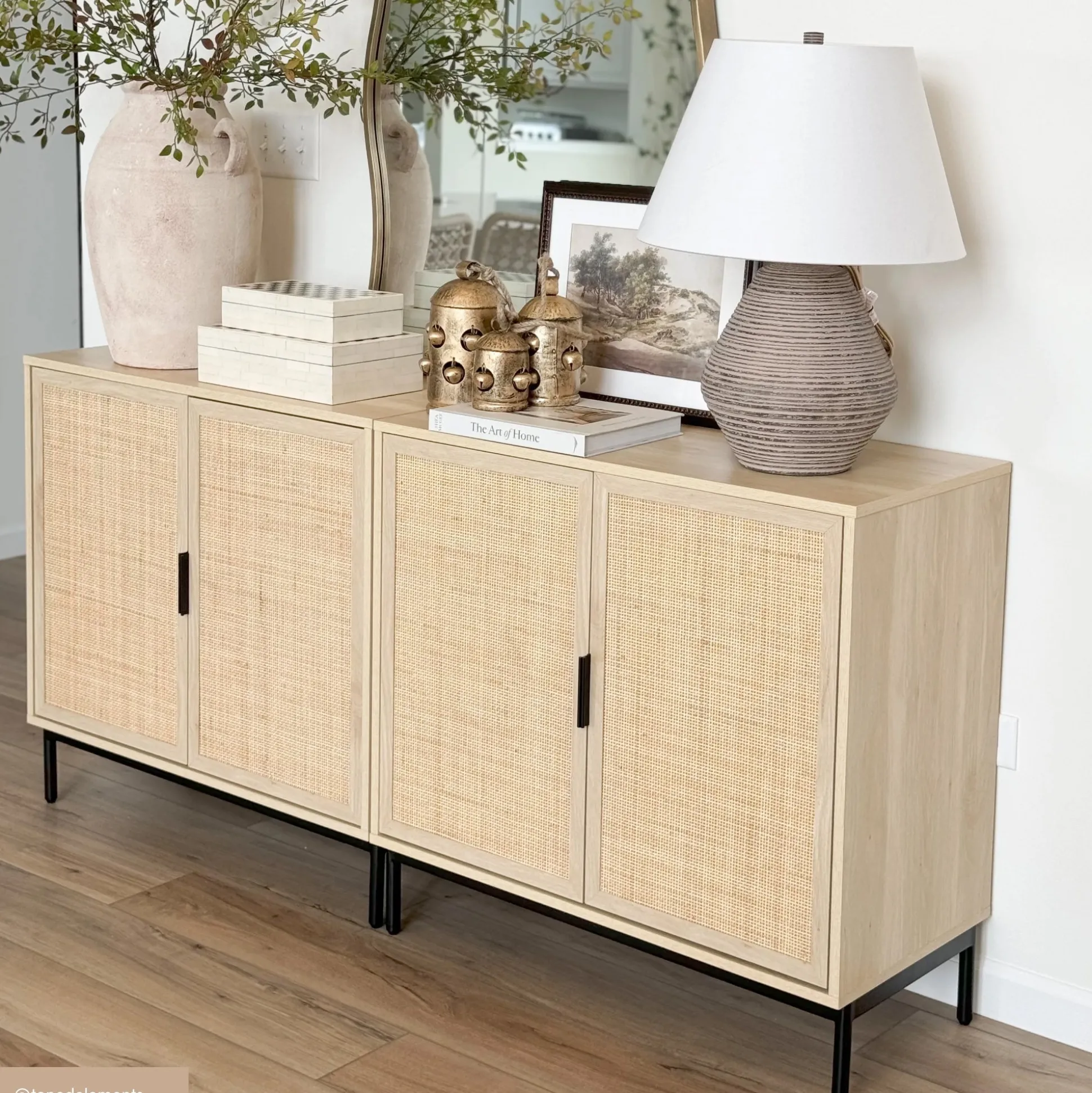 Boho Rattan Credenza Console Table Oak (Set of 2)