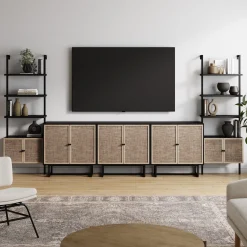 Boho Rattan Entertainment Center with Bookshelves