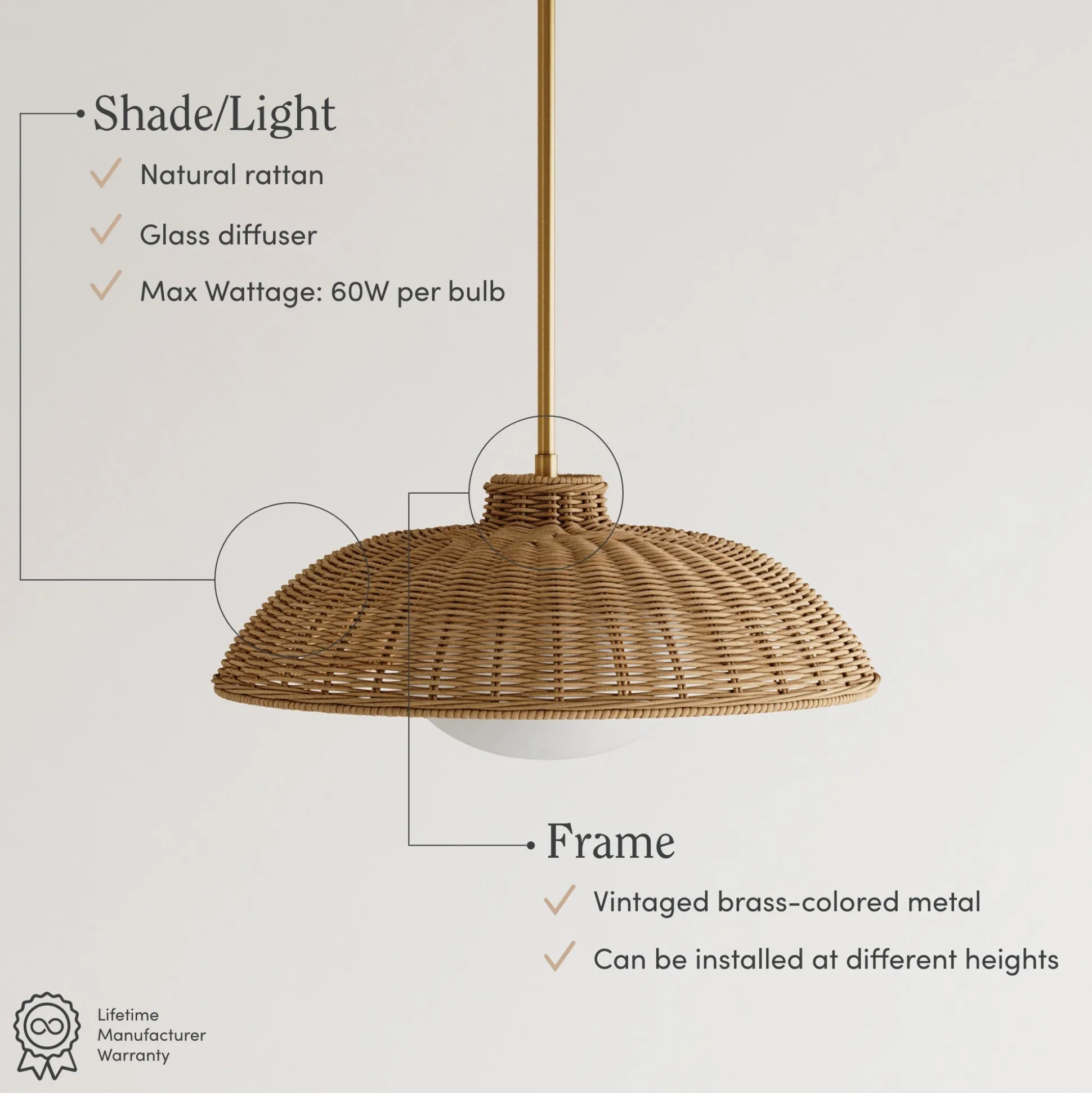Boho Rattan Pendant Light Fixture with Glass Diffuser