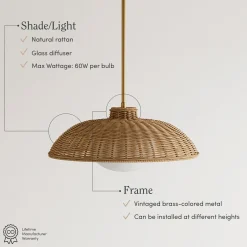 Boho Rattan Pendant Light Fixture with Glass Diffuser (Set of 2)