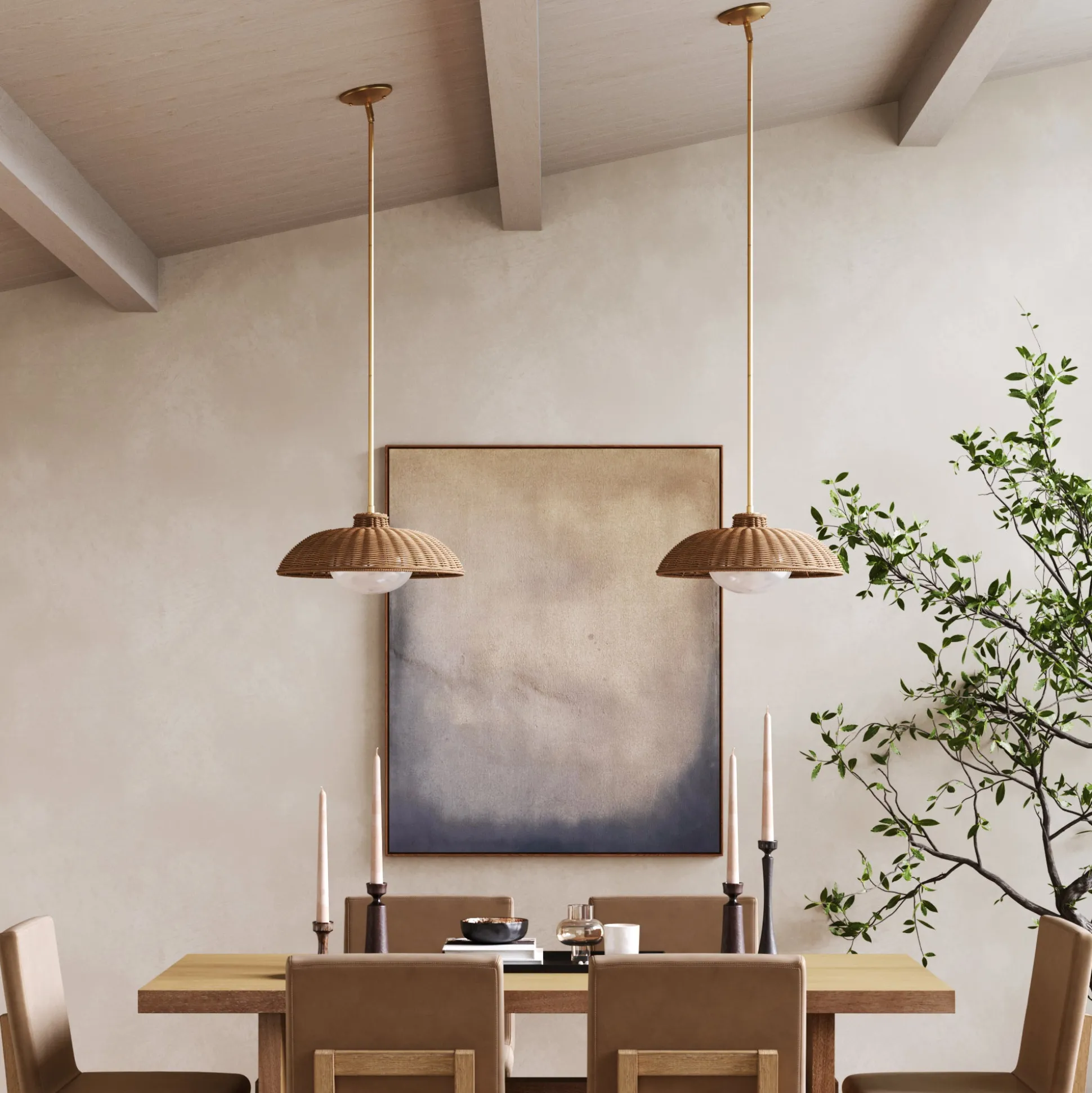 Boho Rattan Pendant Light Fixture with Glass Diffuser (Set of 2)