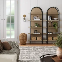 Boho Rattan & Wood Arched Bookshelves (Set of 2)