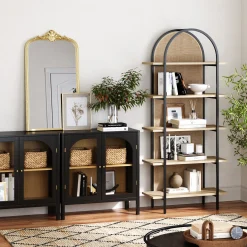 Boho Rattan & Wood Arched Bookshelf