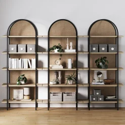 Boho Rattan & Wood Arched Bookshelves (Set of 3)