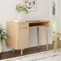 Boho Rattan & Wood Vanity Desk with Storage