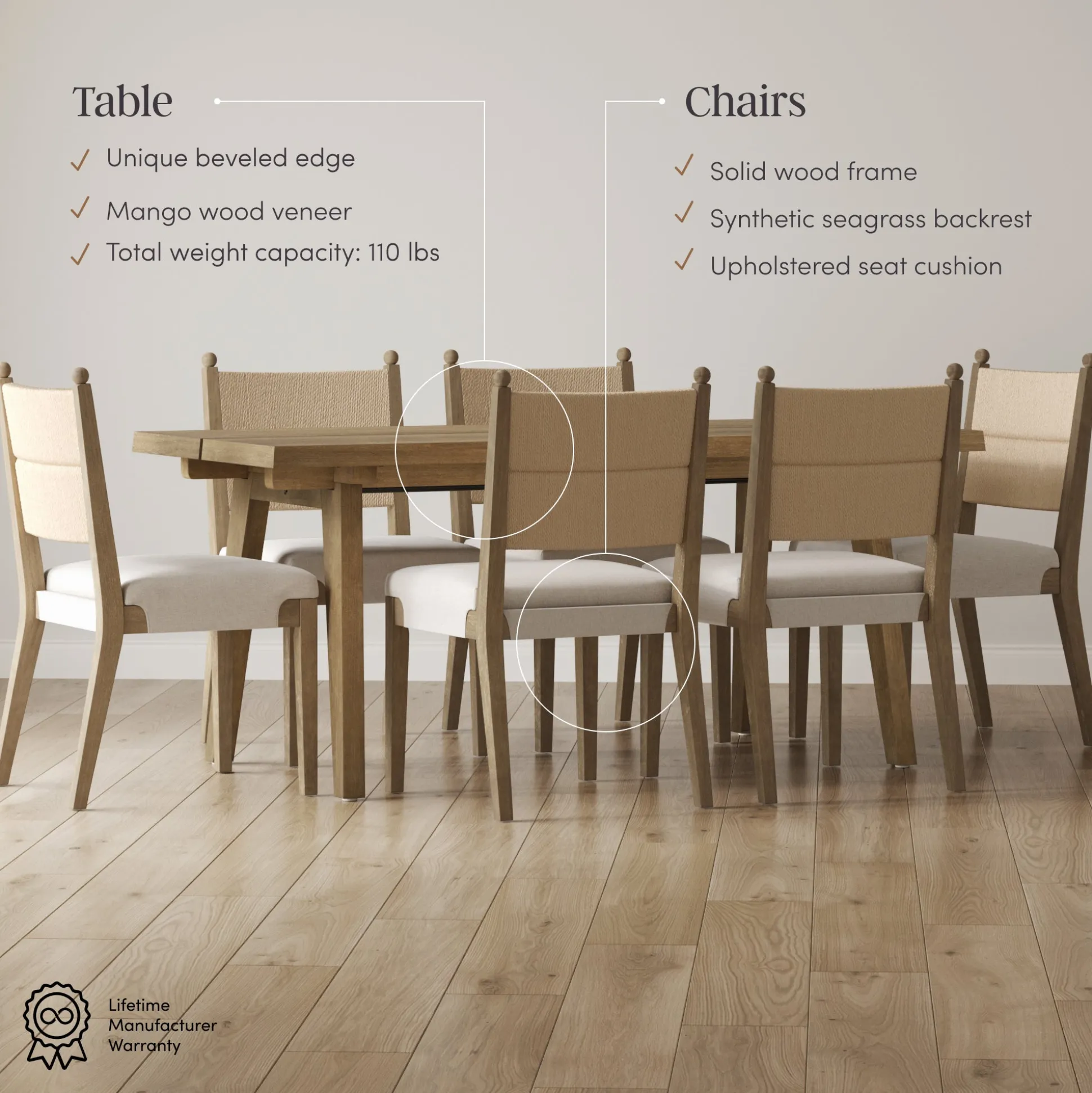 Boho Seagrass Dining Table Set (6 Chairs)