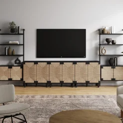 Boho Seagrass Entertainment Center Black (3 Cabinets)
