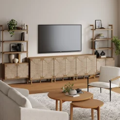 Boho Seagrass Entertainment Center Light Brown (3 Cabinets)