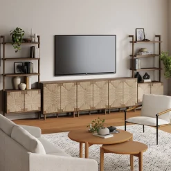 Boho Seagrass Entertainment Center (3 Cabinets)