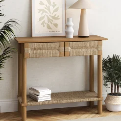 Boho Seagrass & Wood Console Table
