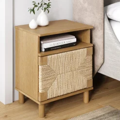 Boho Seagrass & Wood Storage Nightstand