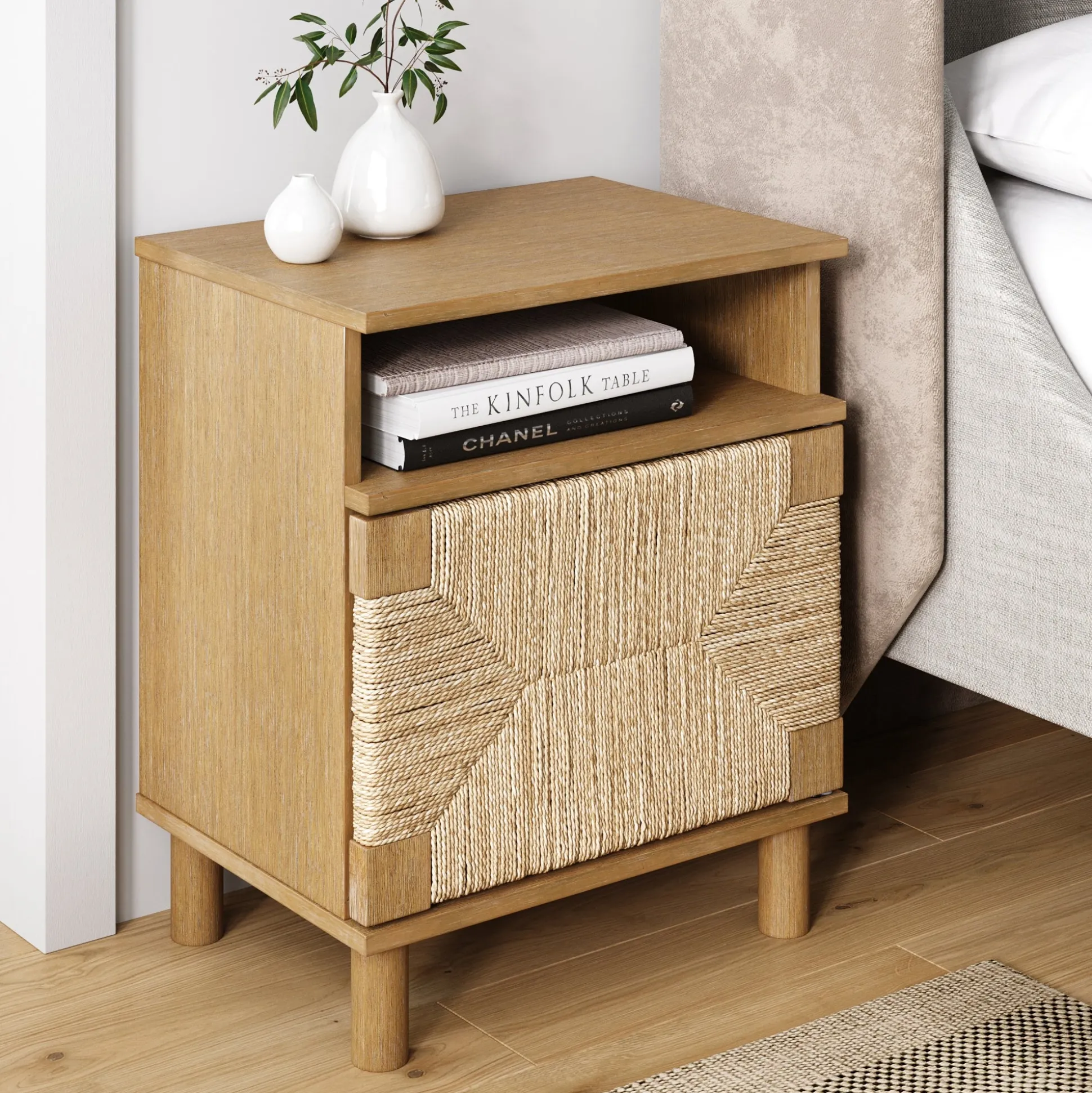 Boho Seagrass & Wood Storage Nightstand