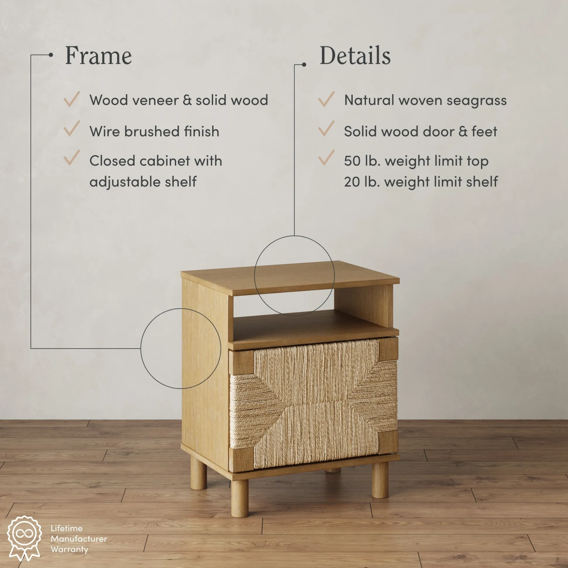 Boho Seagrass & Wood Storage Nightstand