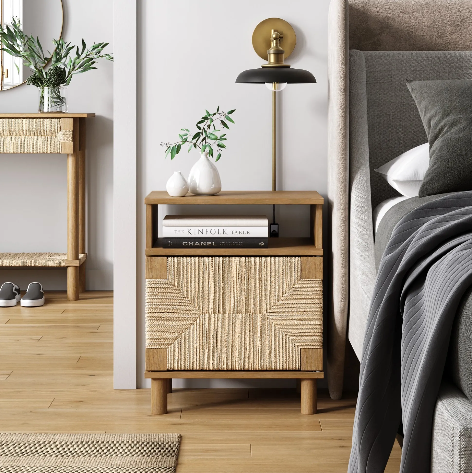 Boho Seagrass & Wood Storage Nightstand