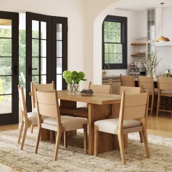 Boho Solid Wood Dining Set Light Brown (6 Chairs)