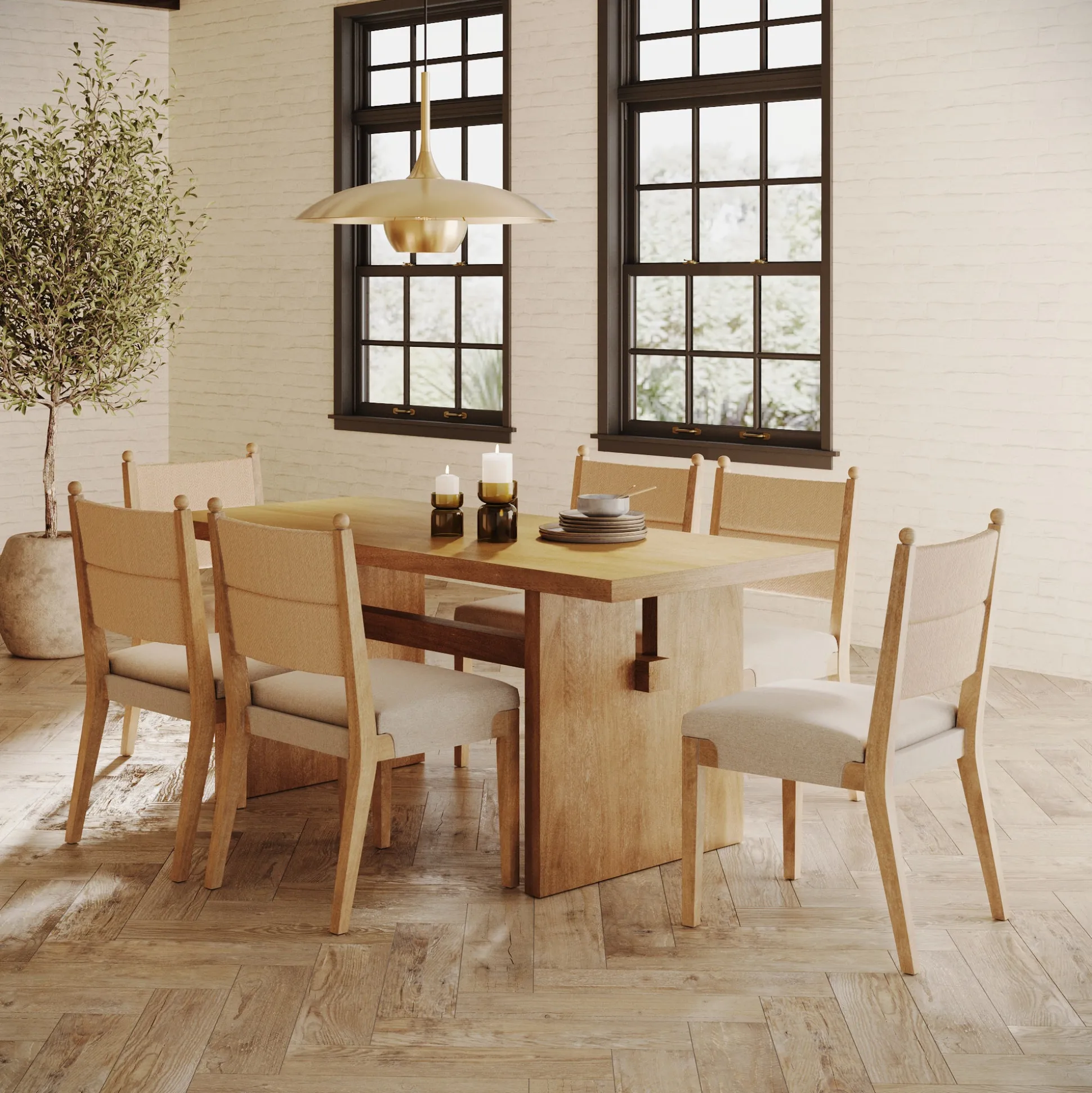 Boho Solid Wood Dining Set Light Brown (6 Chairs)