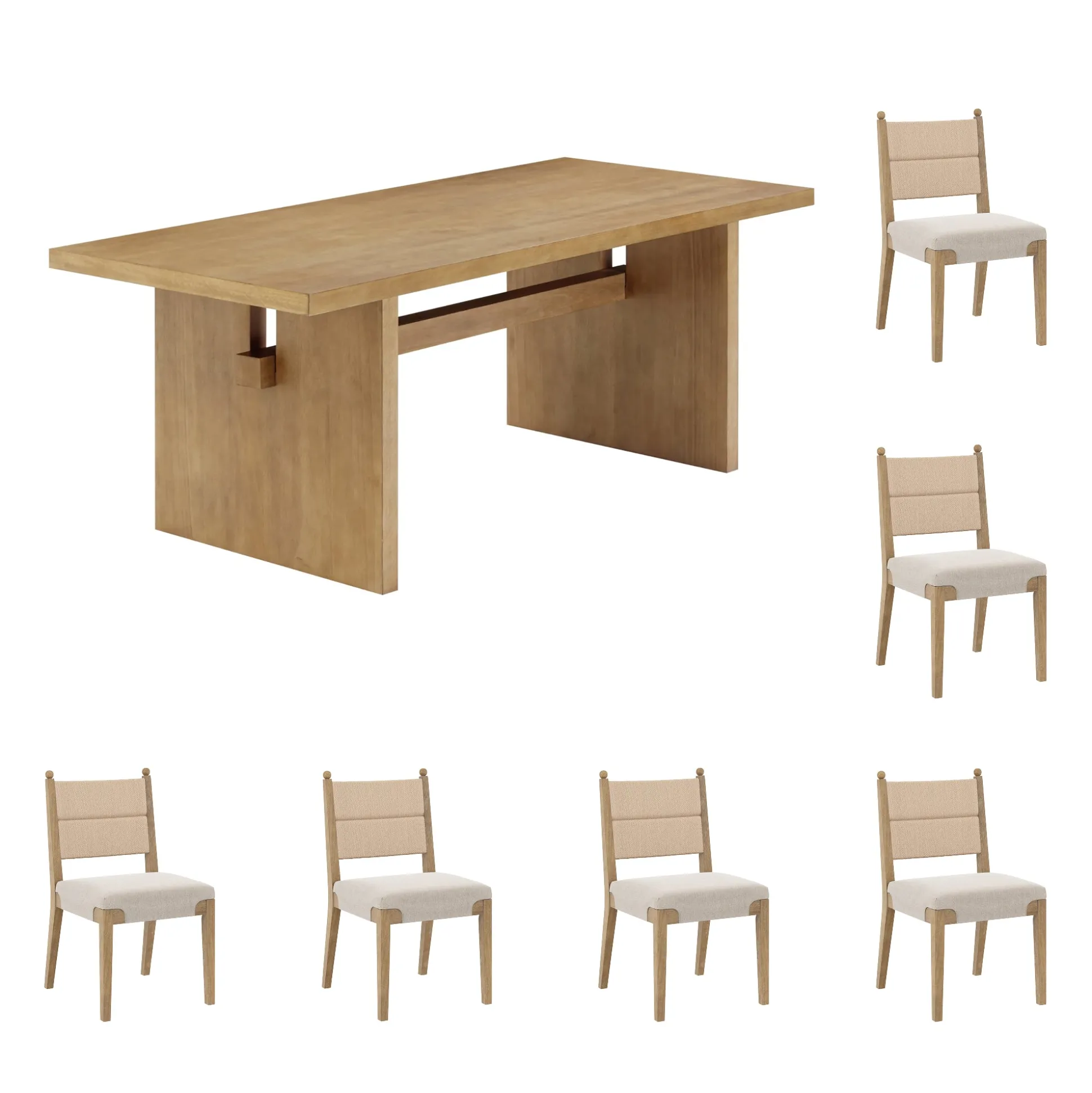 Boho Solid Wood Dining Set Light Brown (6 Chairs)