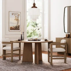Boucle Barrel Dining Chair w/ Curved Back and Arm Light Brown