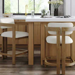 Boucle Bar Stool with Barrel Back and Arm Light Brown (Set of 2)