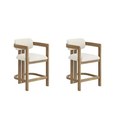 Boucle Bar Stool with Barrel Back and Arm Light Brown (Set of 2)