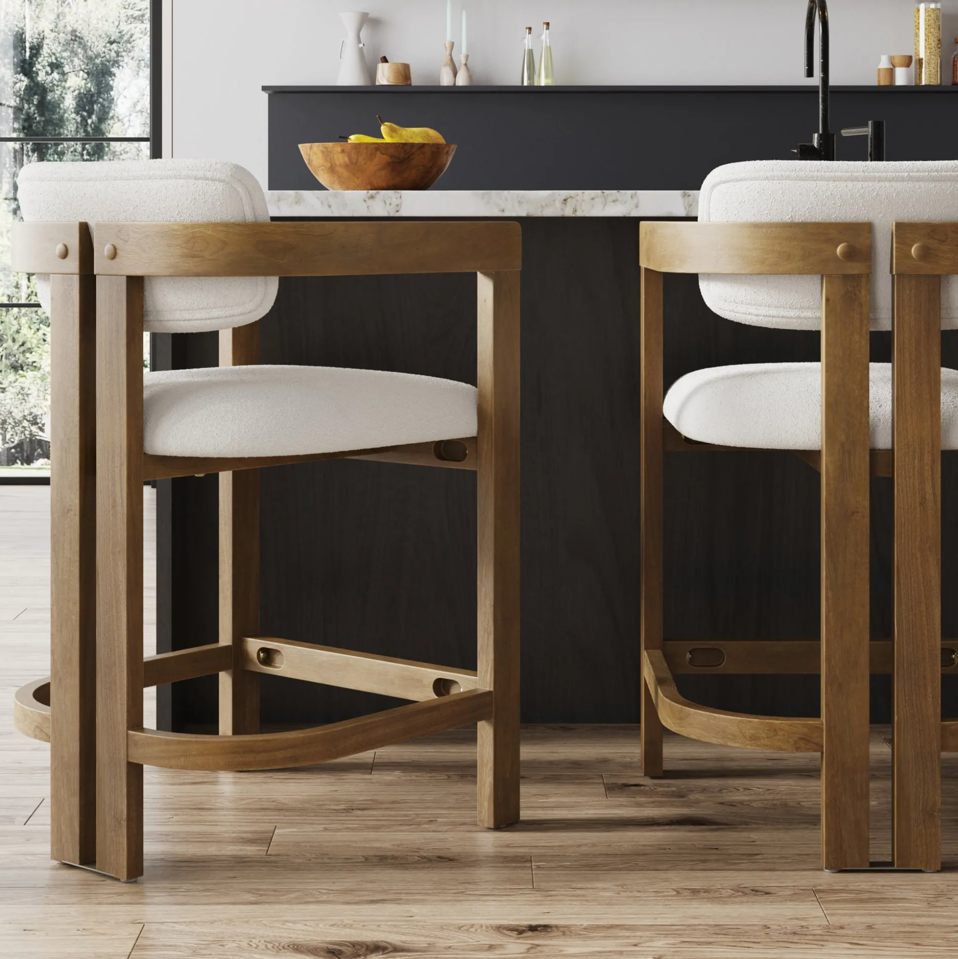 Boucle Bar Stool with Barrel Back and Arm Light Brown