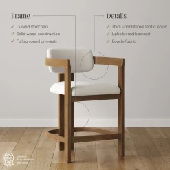 Boucle Bar Stool with Barrel Back and Arm Light Brown