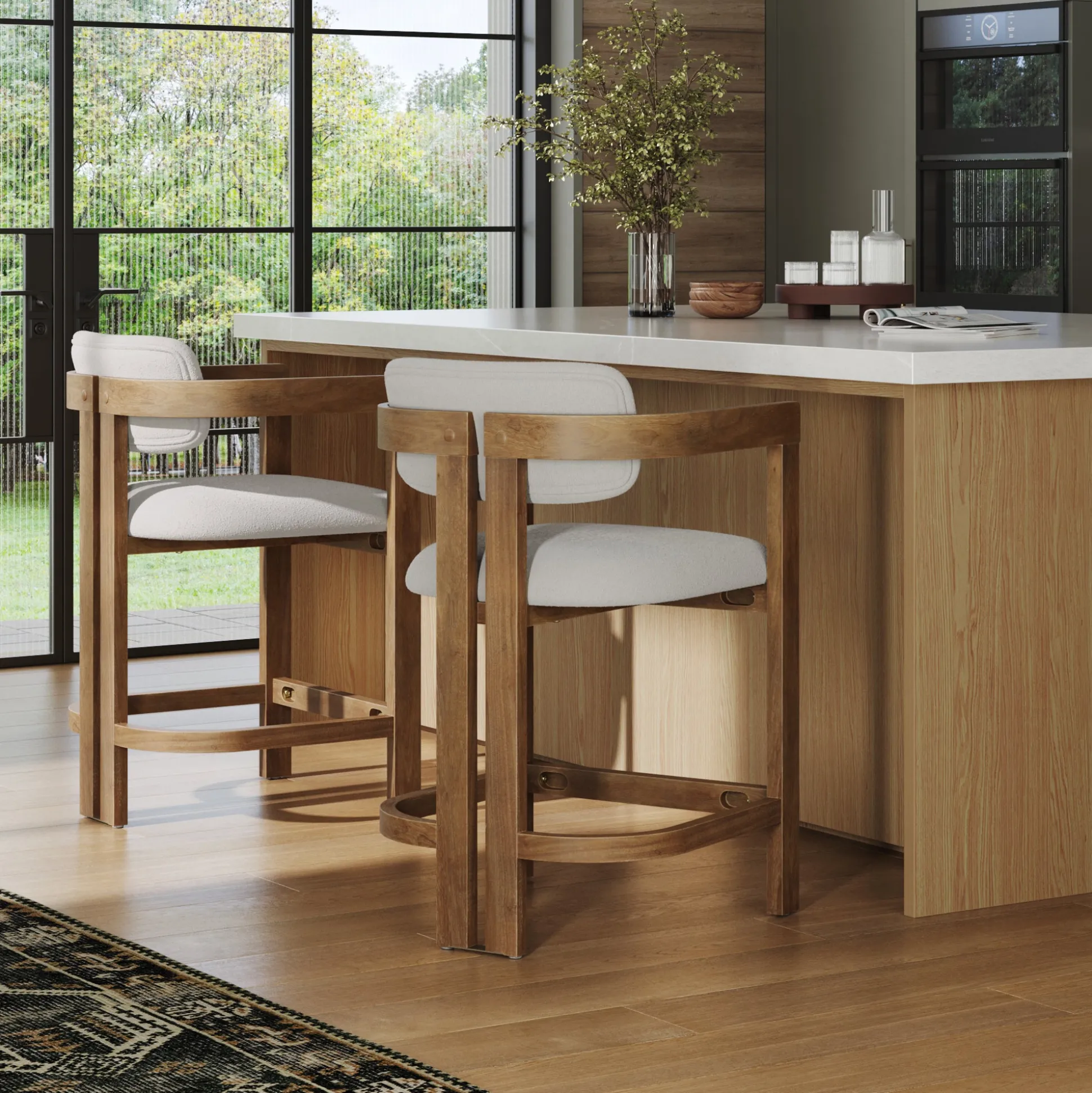 Boucle Bar Stool with Barrel Back and Arm Light Brown