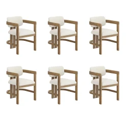 Boucle Dining Chair w/ Curved Back and Arm Light Brown (Set of 6)