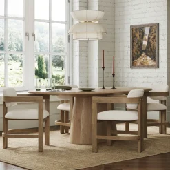 Boucle Dining Chair w/ Curved Back and Arm Light Brown (Set of 4)