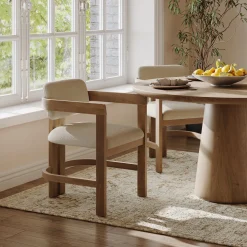 Boucle Dining Chair w/ Curved Back and Arm Light Brown (Set of 2)
