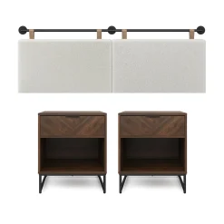 Boucle Queen Headboard and Walnut Nightstand Set